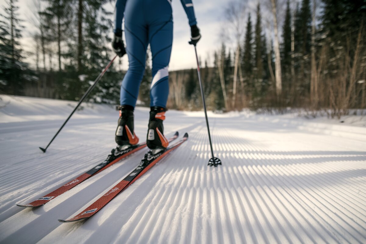 sciatore di sci nordico colto di spalle in una immagine fotografica presa dal basso e nella quale si vede da vicino lo sci e gli attacchi e la perfetta battitura della pista.