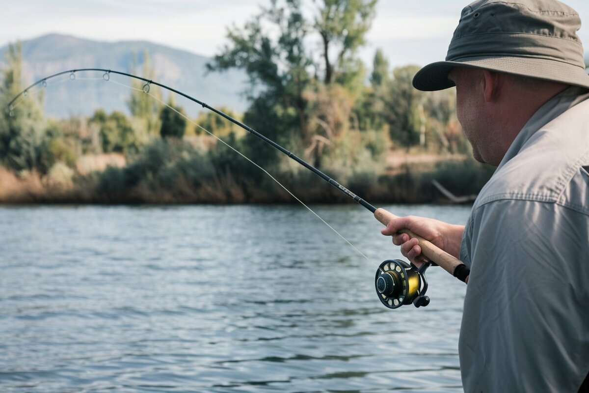 un pescatore con una canna da pesca - immagine generata con intelligenza artificiale
