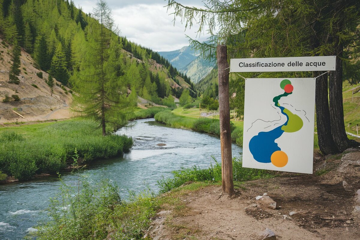 torrente alpino con cartello classificazione delle acque - immagine generata con intelligenza artificiale