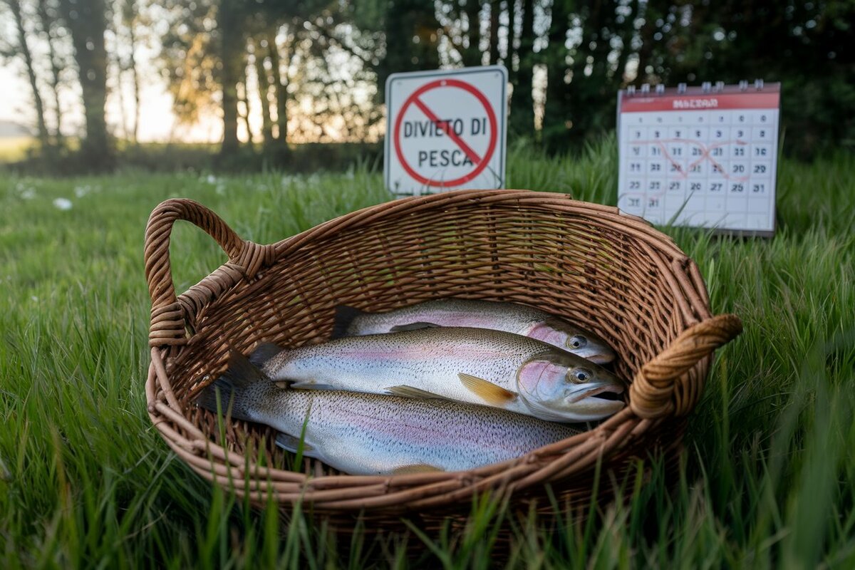 un cestino di vimini che contiene alcune trote, sul retro c'è un cartello con la scritta divieto di pesca - immagine generata con intelligenza artificiale