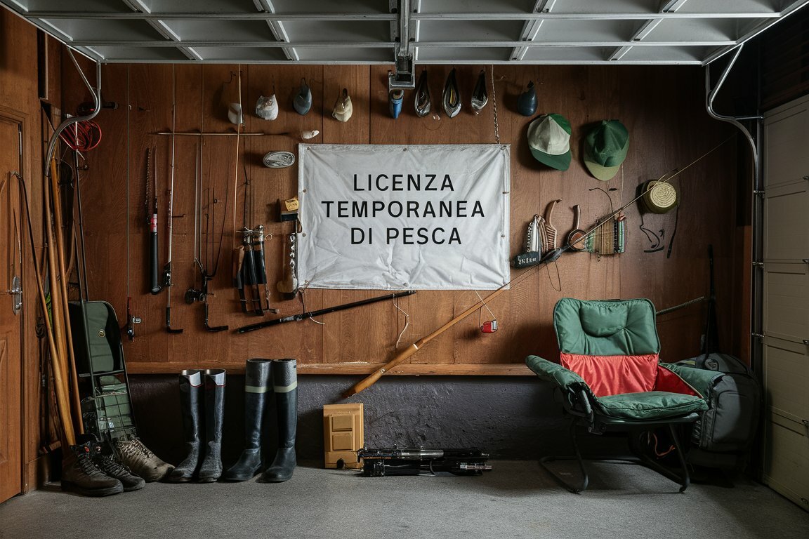 una parete con tanti strumenti per la pesca e un cartello con la scritta licenza temporanea di pesca - immagine generata dall'intelligenza artificiale